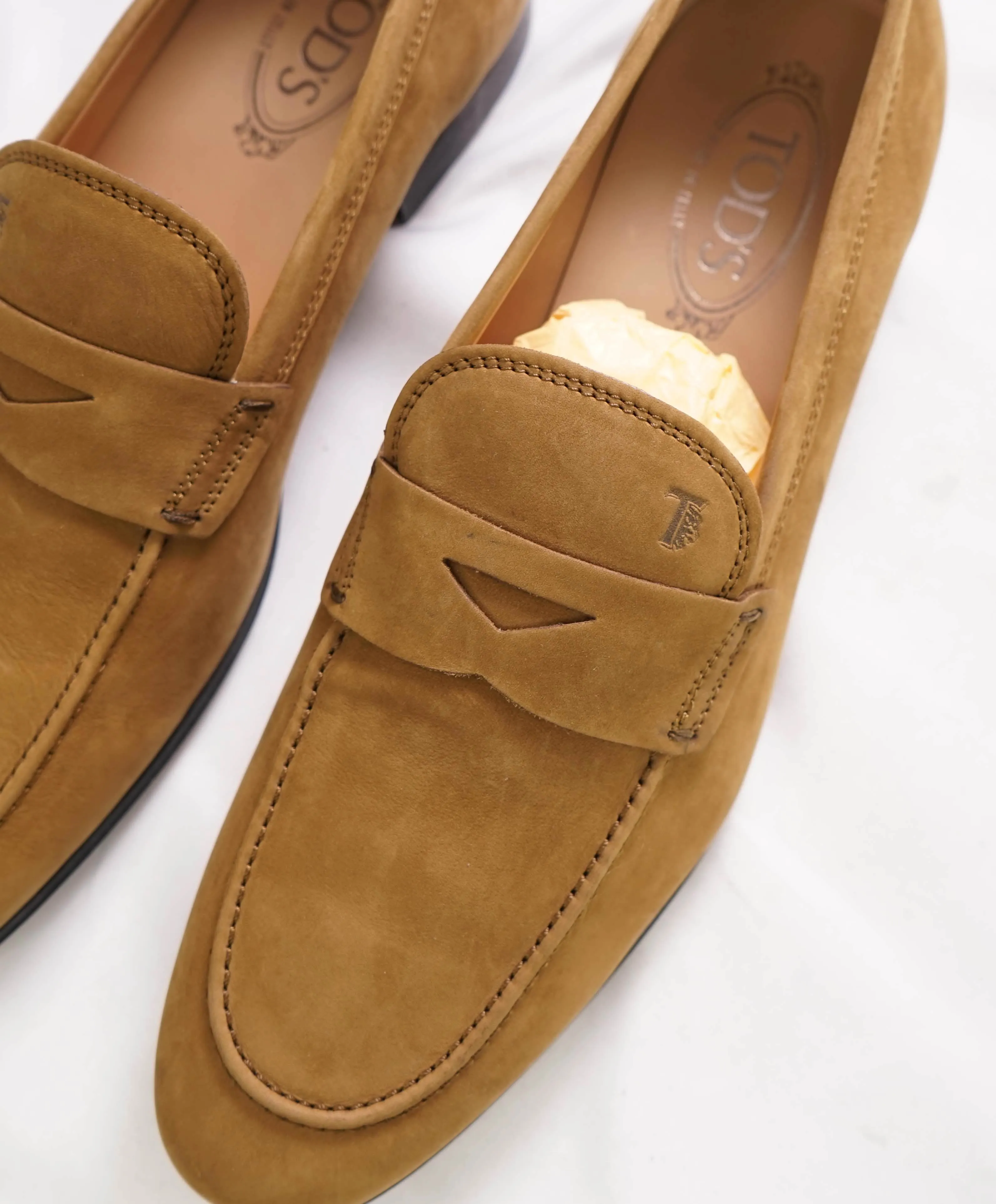 $675 TOD’S - Tobacco Suede Penny Loafer Leather LOGO Vamp Loafer - (9 Tod's) 10 US