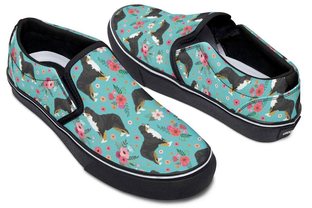 Bernese Mountain Dog Flower Slip-On Shoes