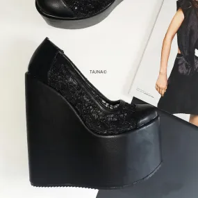 Black Lace  High Heel Wedges