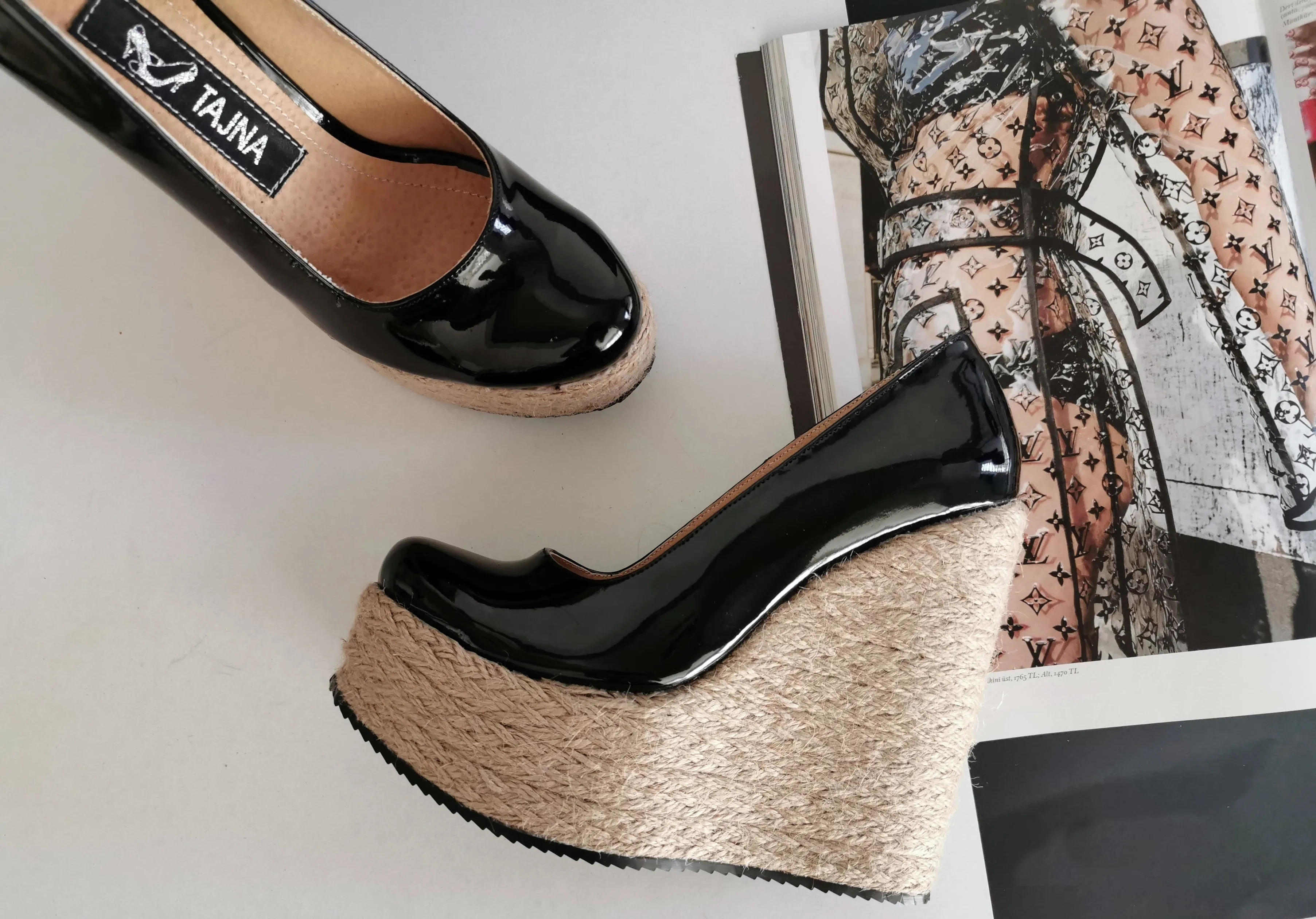 Black Patent Espadril Wedge Heels