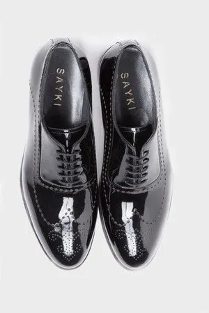 Black Patent Leather Lace-Up Wingtip Tuxedo Shoes