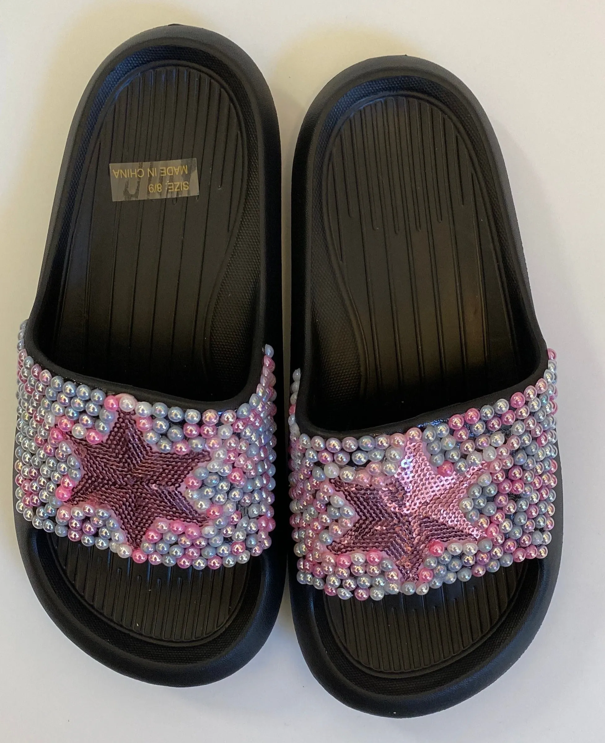 BLACK SLIP ON SLIDES WITH GRAPHICS PINK STAR