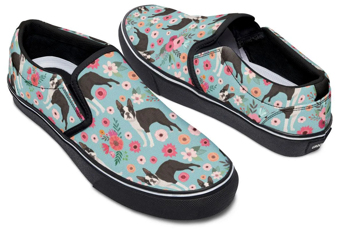 Boston Terrier Flower Slip-On Shoes