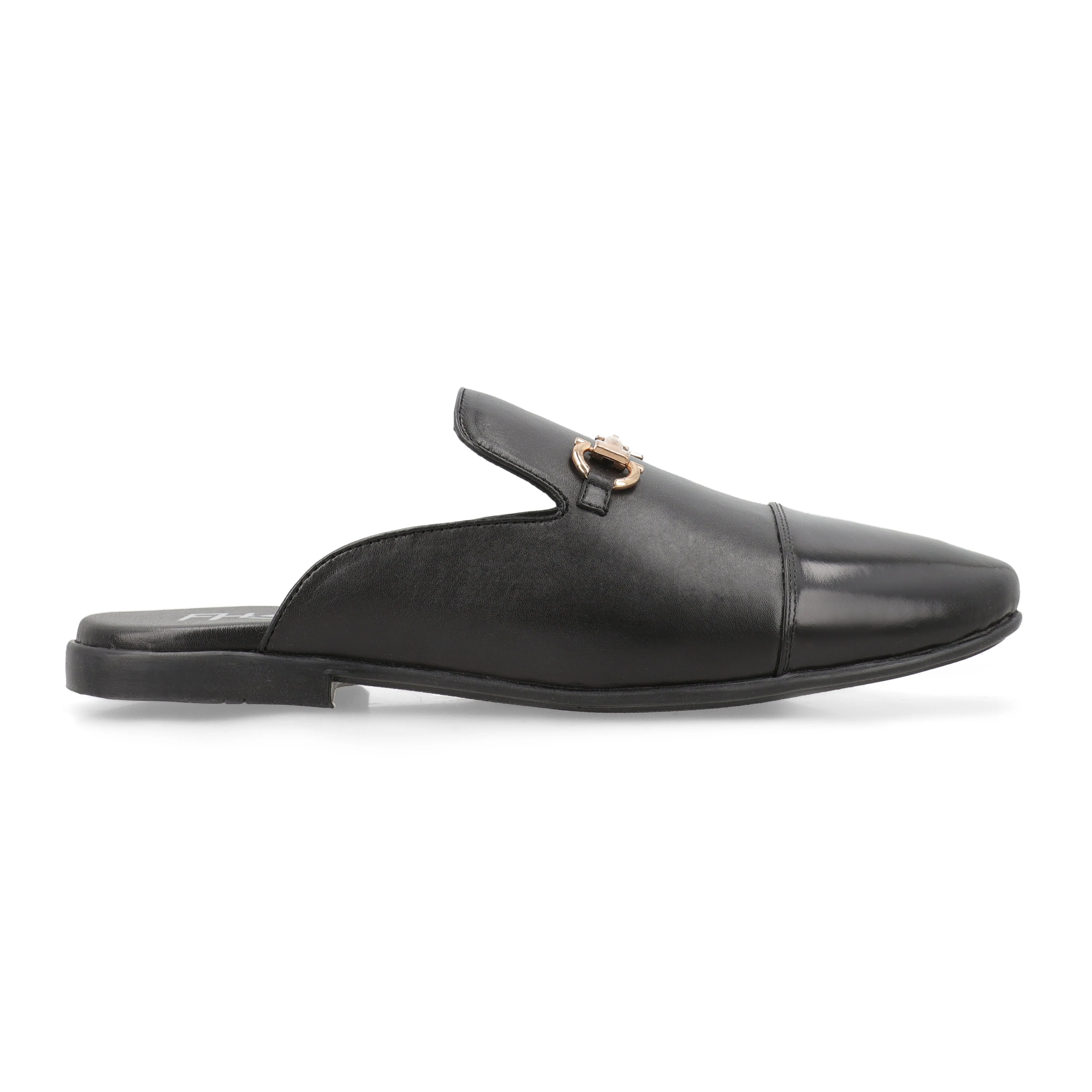 Brass Buckled Mules - Black