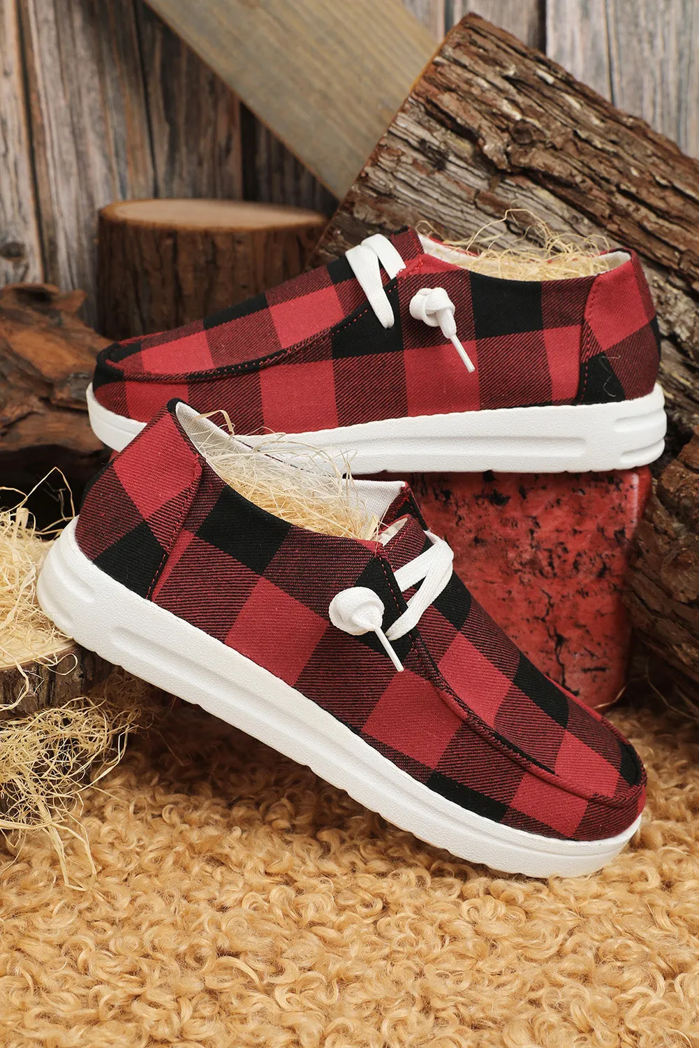 Canvas Shoes For Women Slip On Walking Shoes Plaid Lace Up Flat Shoes