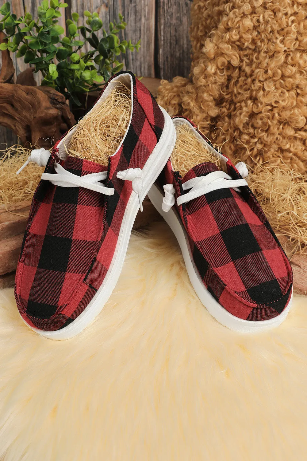 Canvas Shoes For Women Slip On Walking Shoes Plaid Lace Up Flat Shoes