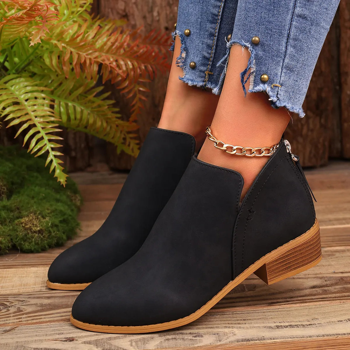 Chunky Heel Pointed Toe Ankle Boots With V-cut Design Fashion Fall Winter Short Boots For Women Shoes