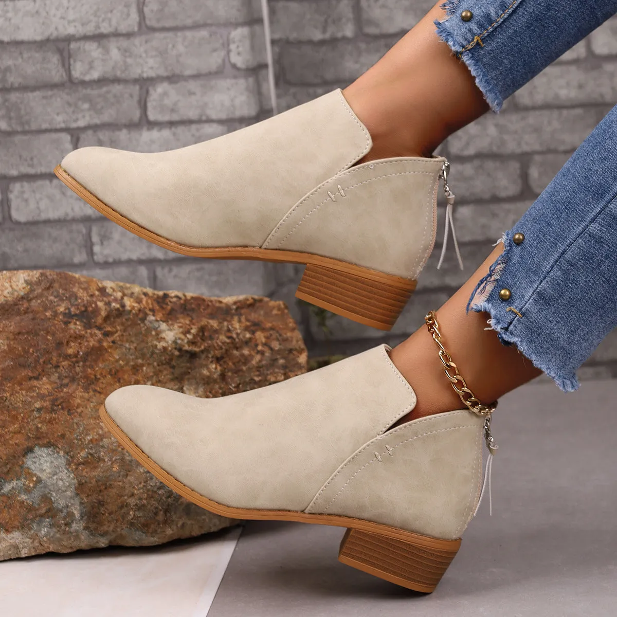 Chunky Heel Pointed Toe Ankle Boots With V-cut Design Fashion Fall Winter Short Boots For Women Shoes