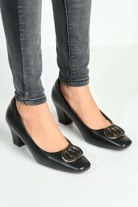 Eddy Brooch Detail Block Heel Court Shoes in Black