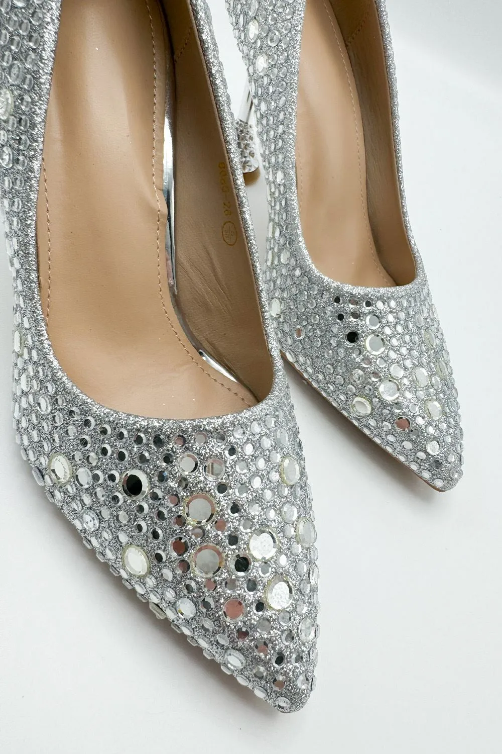 Elara Diamante Court Shoes Spool Heels in Silver