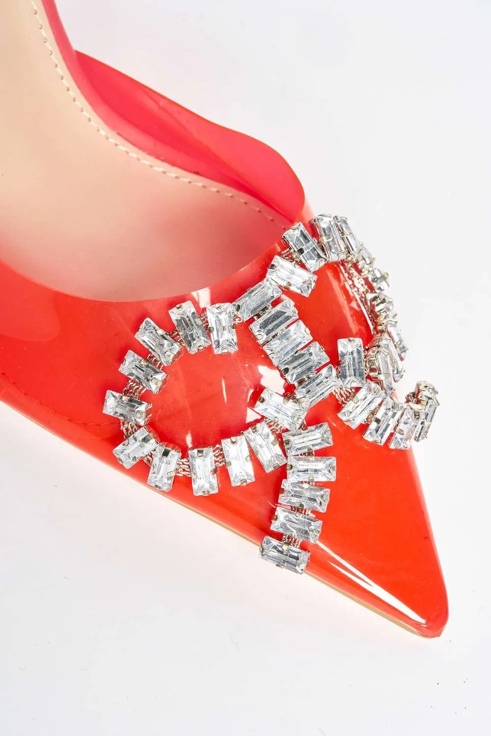 Florya Diamante Front Detail Sling Back Perspex Court Shoes in Red