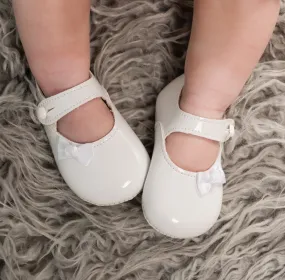 Girls White Bow Button Fastening Patent Shoes