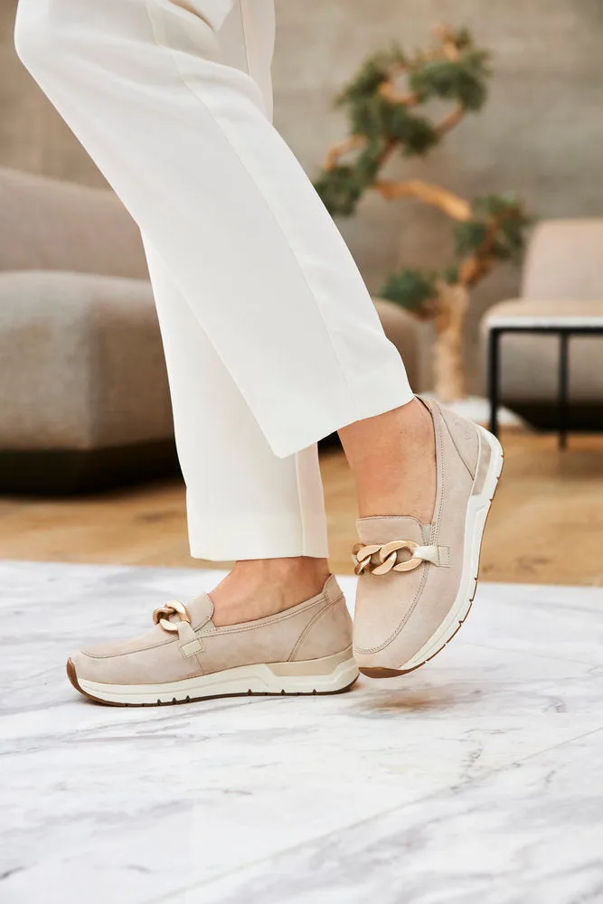 Ladies Rieker Slip On Shoes Rose Gold Buckle Detail Cream Suede 58944-60 sale