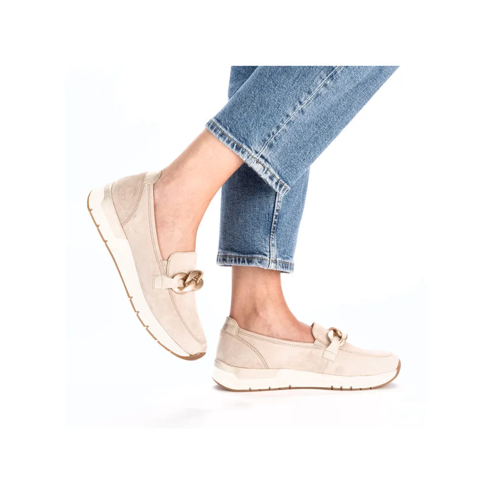 Ladies Rieker Slip On Shoes Rose Gold Buckle Detail Cream Suede 58944-60 sale