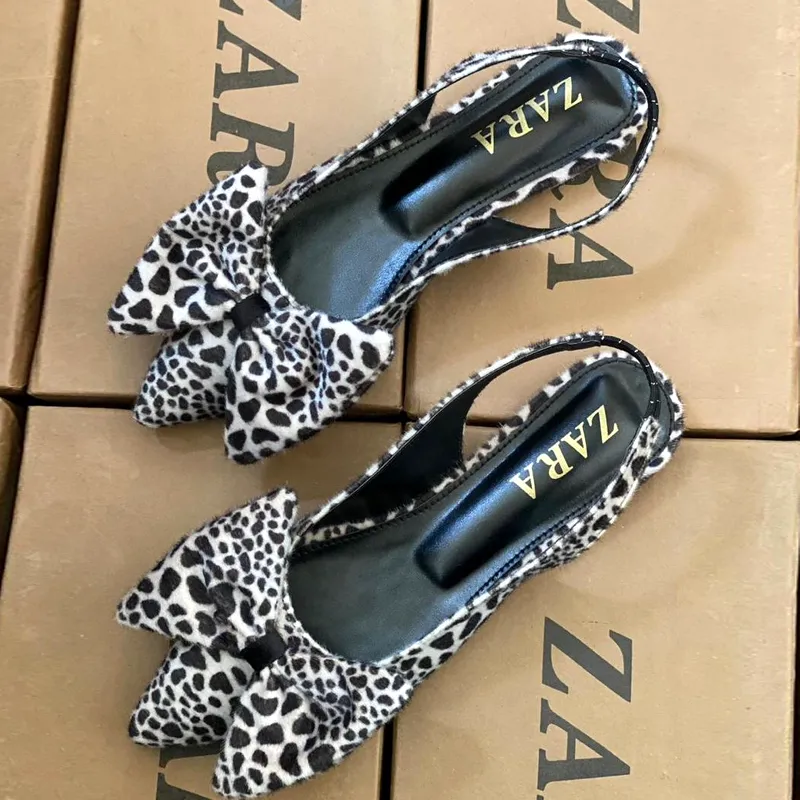 Leopard Print Bows Slingback Flats Shoes