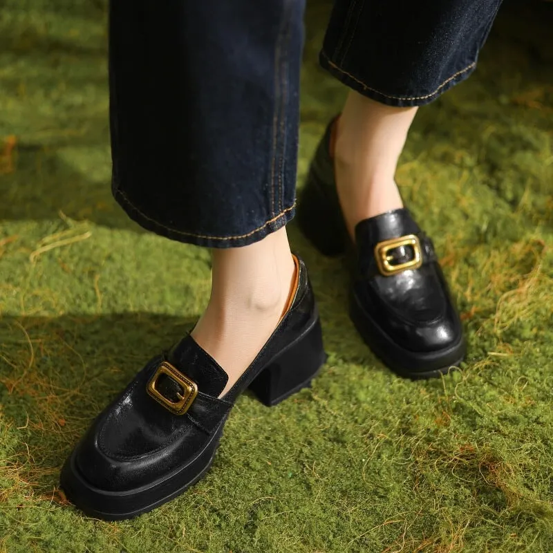 Retro Sheepskin Chunky Loafers With Metal Buckle Details in Coffee/Black