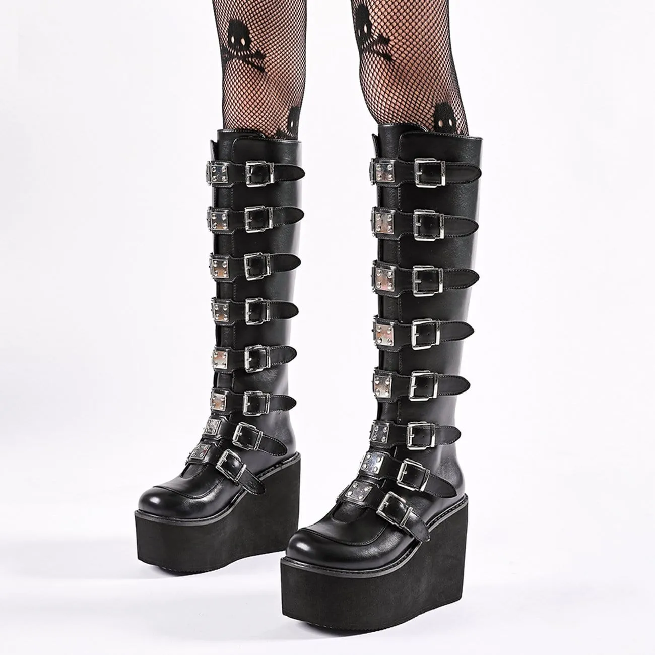 WLS High-Top Metal Button PU Thick High-Heel Martin Boots