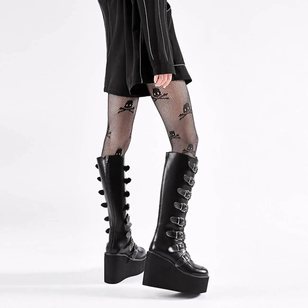 WLS High-Top Metal Button PU Thick High-Heel Martin Boots